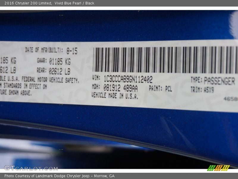 Vivid Blue Pearl / Black 2016 Chrysler 200 Limited