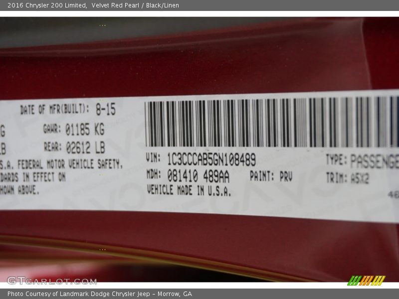 Velvet Red Pearl / Black/Linen 2016 Chrysler 200 Limited