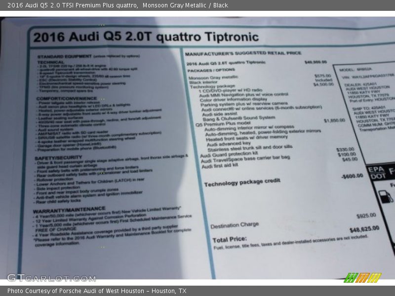 Monsoon Gray Metallic / Black 2016 Audi Q5 2.0 TFSI Premium Plus quattro