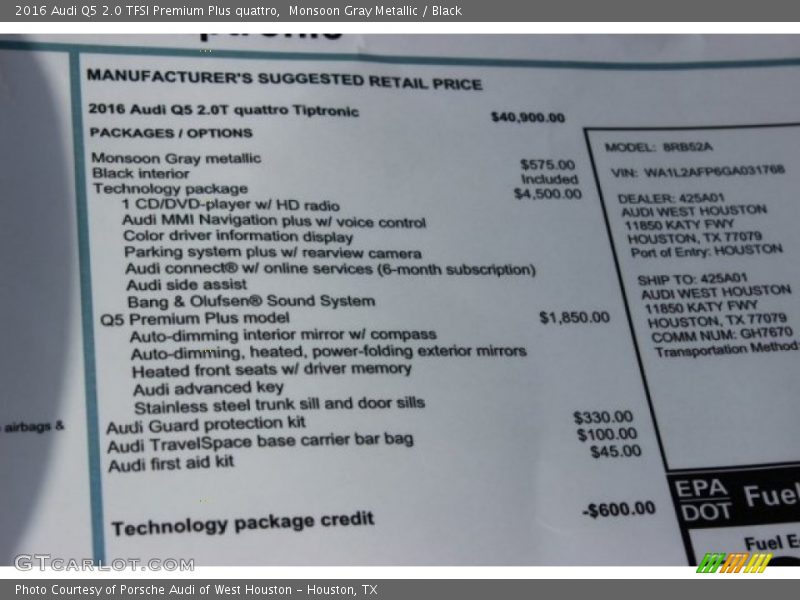 Monsoon Gray Metallic / Black 2016 Audi Q5 2.0 TFSI Premium Plus quattro