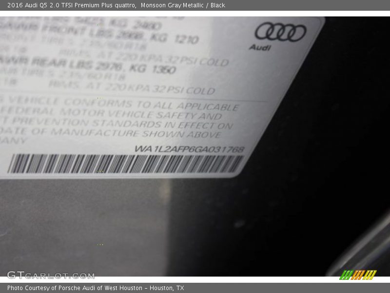 Monsoon Gray Metallic / Black 2016 Audi Q5 2.0 TFSI Premium Plus quattro