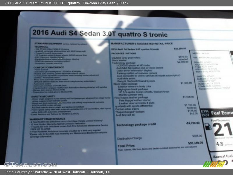  2016 S4 Premium Plus 3.0 TFSI quattro Window Sticker