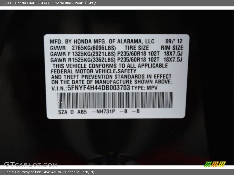 Crystal Black Pearl / Gray 2013 Honda Pilot EX 4WD