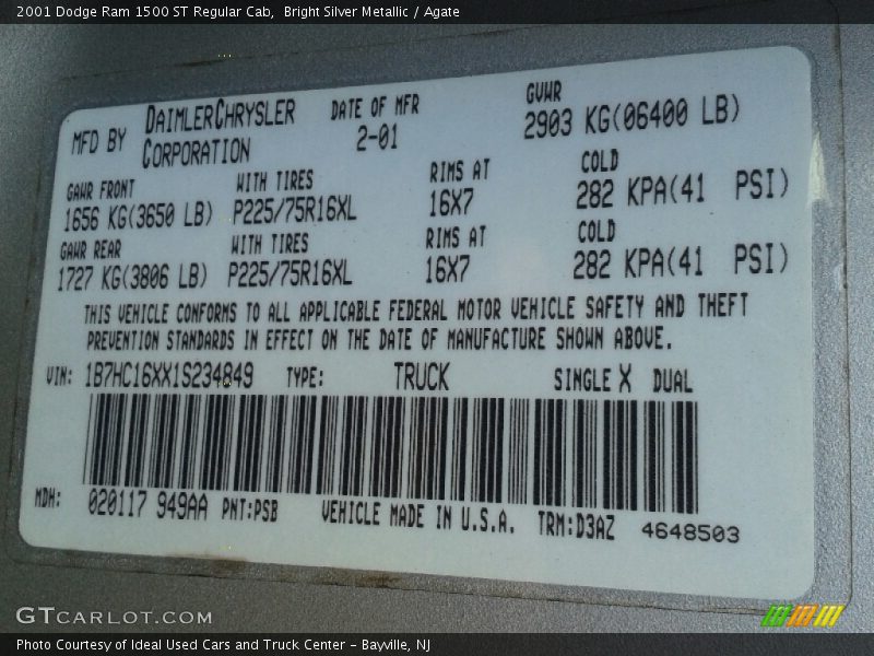 Bright Silver Metallic / Agate 2001 Dodge Ram 1500 ST Regular Cab