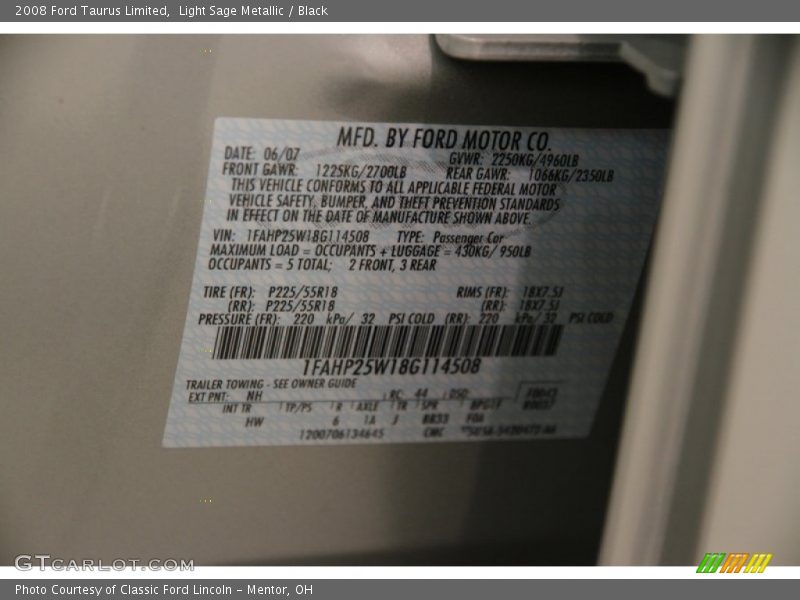 Light Sage Metallic / Black 2008 Ford Taurus Limited
