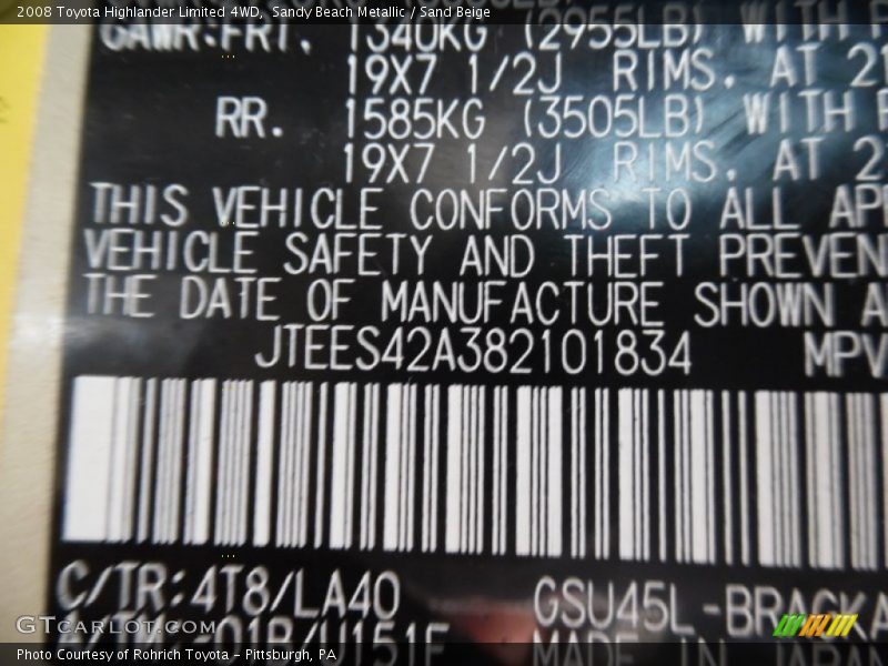 Sandy Beach Metallic / Sand Beige 2008 Toyota Highlander Limited 4WD