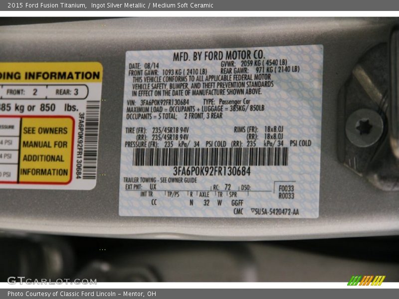 Ingot Silver Metallic / Medium Soft Ceramic 2015 Ford Fusion Titanium