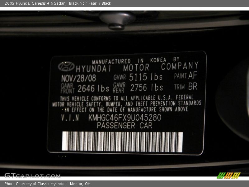 Black Noir Pearl / Black 2009 Hyundai Genesis 4.6 Sedan