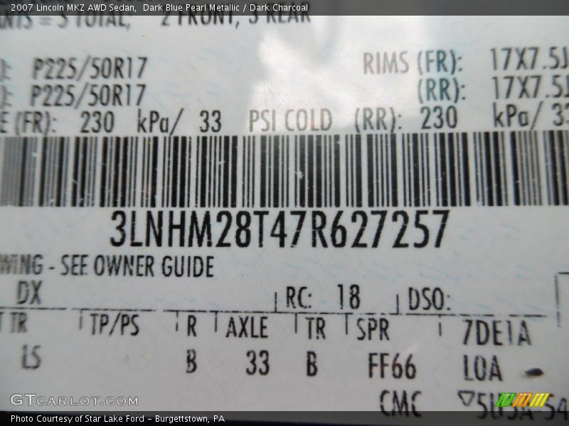Dark Blue Pearl Metallic / Dark Charcoal 2007 Lincoln MKZ AWD Sedan