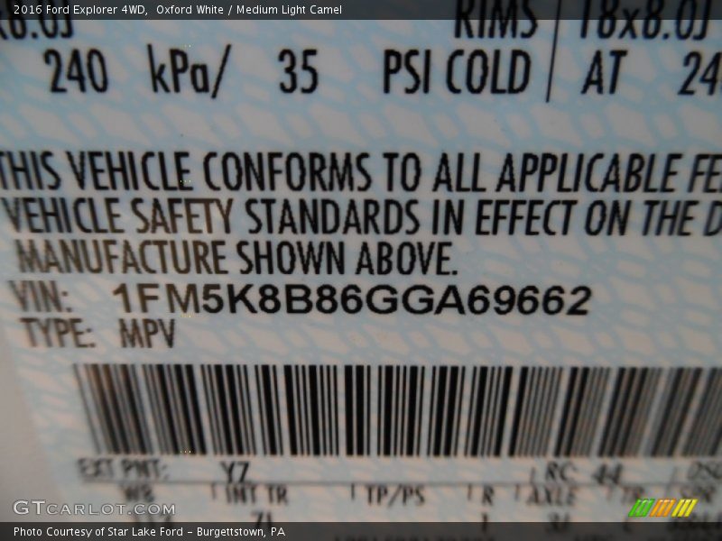 2016 Explorer 4WD Oxford White Color Code YZ