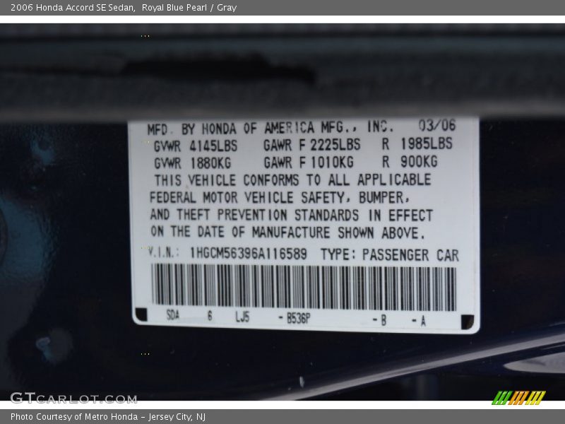 Royal Blue Pearl / Gray 2006 Honda Accord SE Sedan