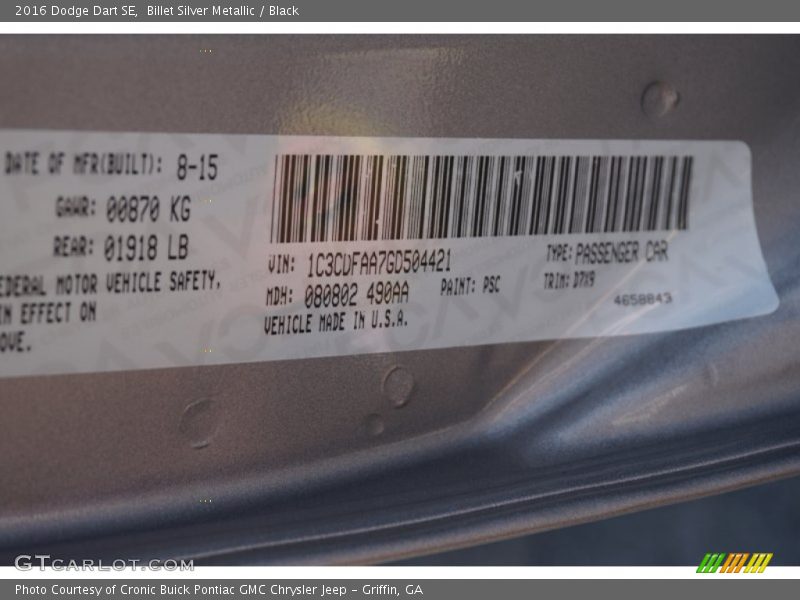Billet Silver Metallic / Black 2016 Dodge Dart SE