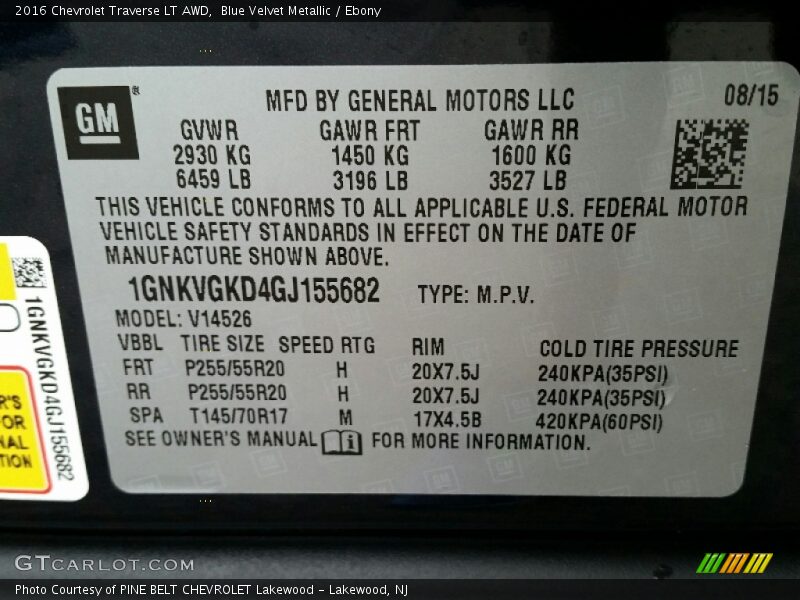Blue Velvet Metallic / Ebony 2016 Chevrolet Traverse LT AWD