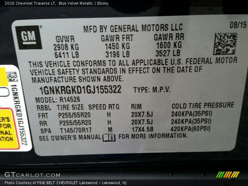 Blue Velvet Metallic / Ebony 2016 Chevrolet Traverse LT