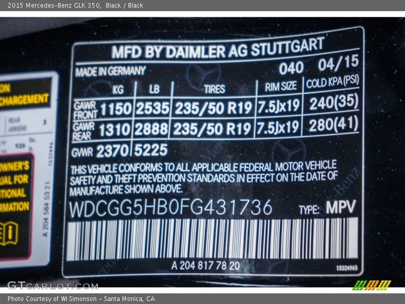 Black / Black 2015 Mercedes-Benz GLK 350