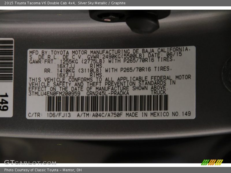 Silver Sky Metallic / Graphite 2015 Toyota Tacoma V6 Double Cab 4x4