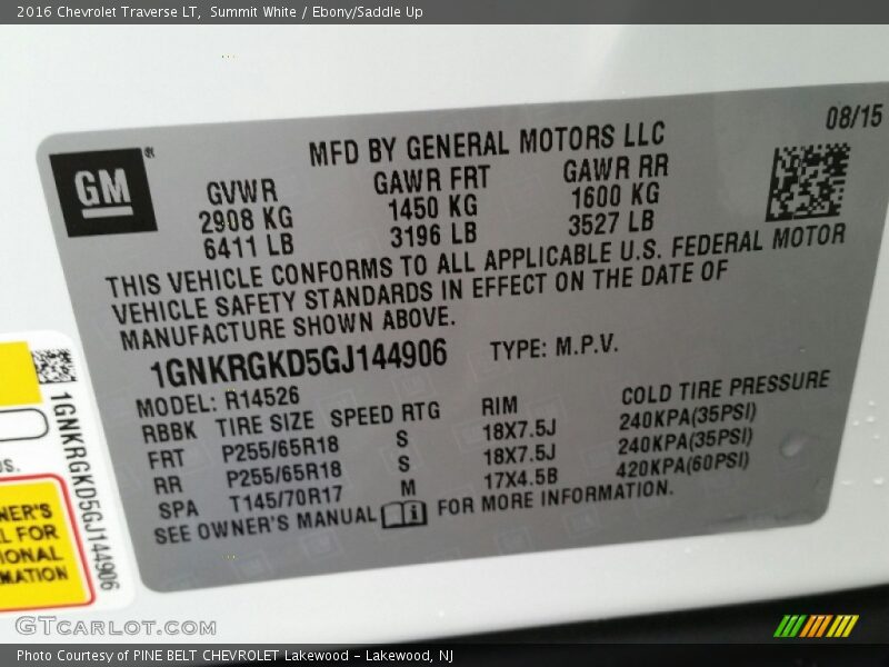 Summit White / Ebony/Saddle Up 2016 Chevrolet Traverse LT
