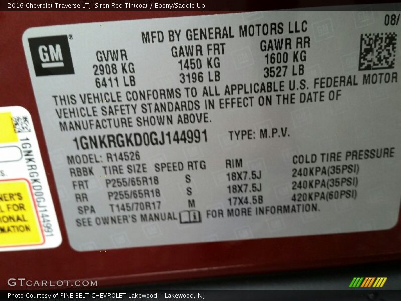 Siren Red Tintcoat / Ebony/Saddle Up 2016 Chevrolet Traverse LT
