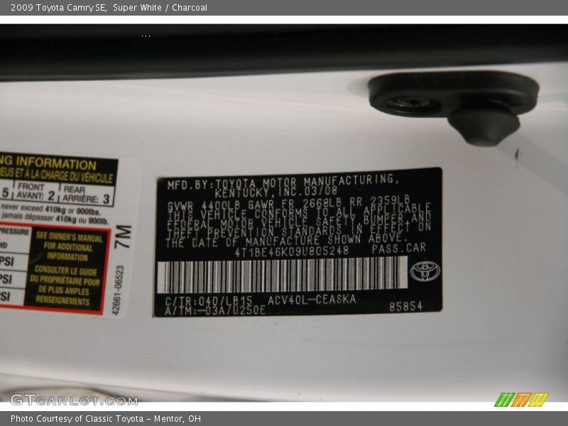 Super White / Charcoal 2009 Toyota Camry SE