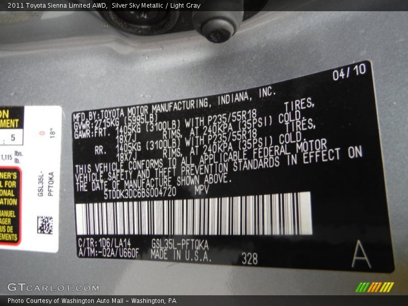 Silver Sky Metallic / Light Gray 2011 Toyota Sienna Limited AWD