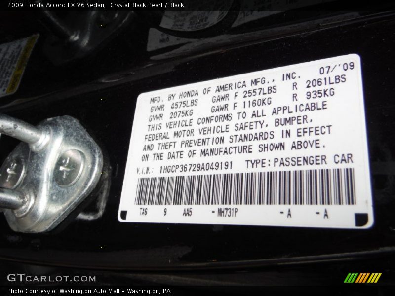 Crystal Black Pearl / Black 2009 Honda Accord EX V6 Sedan