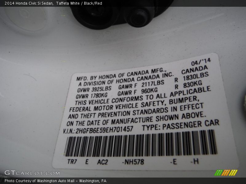 2014 Civic Si Sedan Taffeta White Color Code NH578