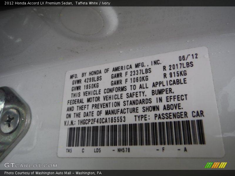 Taffeta White / Ivory 2012 Honda Accord LX Premium Sedan