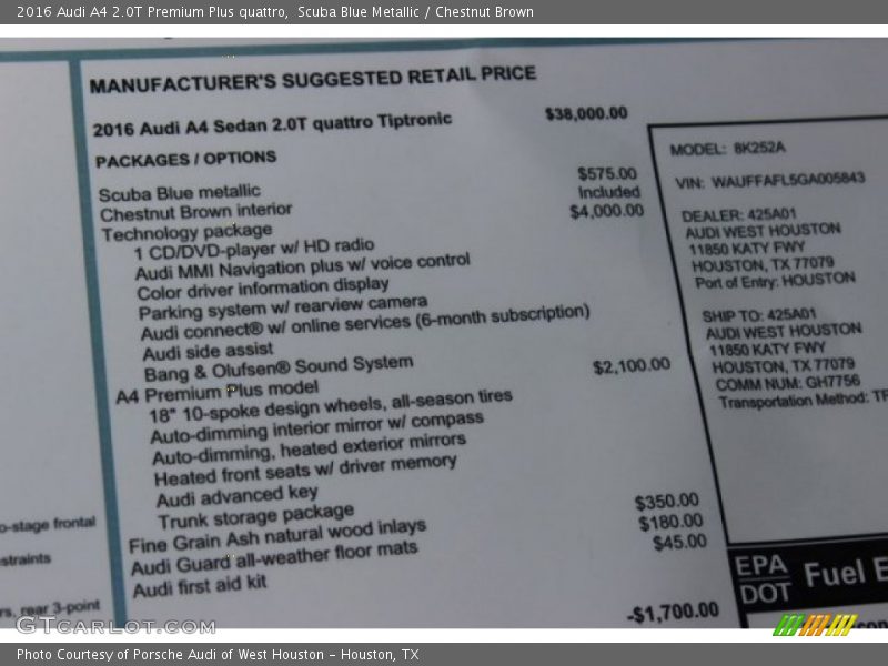 Scuba Blue Metallic / Chestnut Brown 2016 Audi A4 2.0T Premium Plus quattro