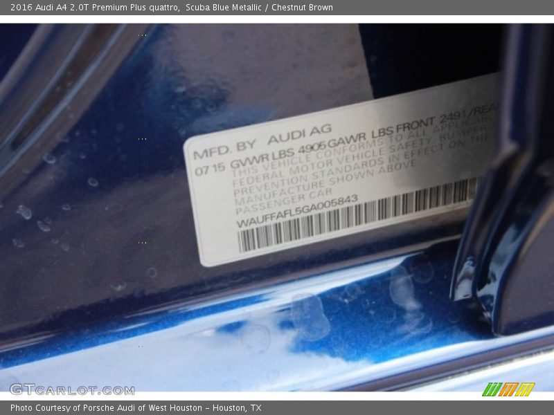 Scuba Blue Metallic / Chestnut Brown 2016 Audi A4 2.0T Premium Plus quattro