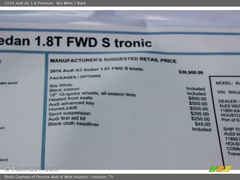 Ibis White / Black 2016 Audi A3 1.8 Premium