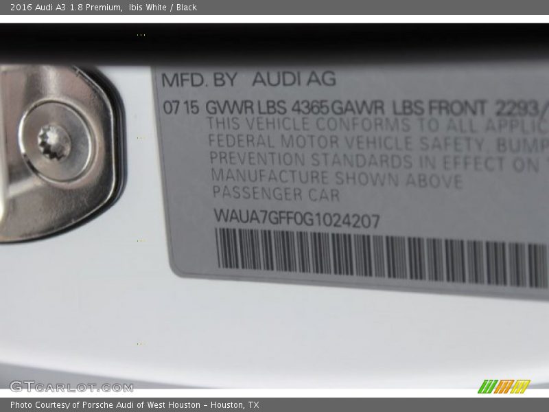Ibis White / Black 2016 Audi A3 1.8 Premium