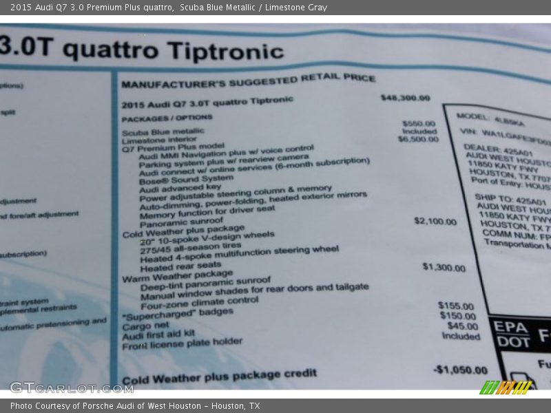 Scuba Blue Metallic / Limestone Gray 2015 Audi Q7 3.0 Premium Plus quattro