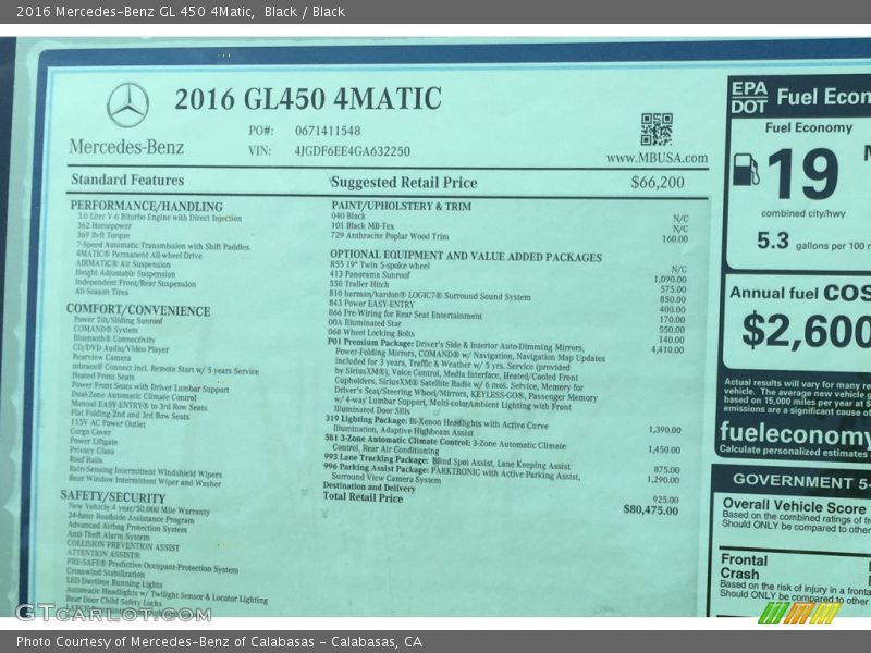  2016 GL 450 4Matic Window Sticker