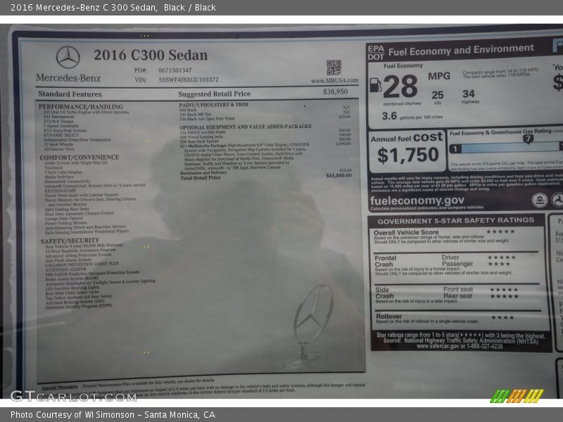  2016 C 300 Sedan Window Sticker