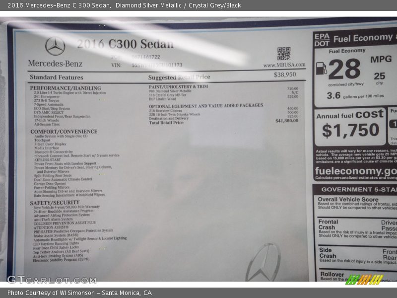  2016 C 300 Sedan Window Sticker