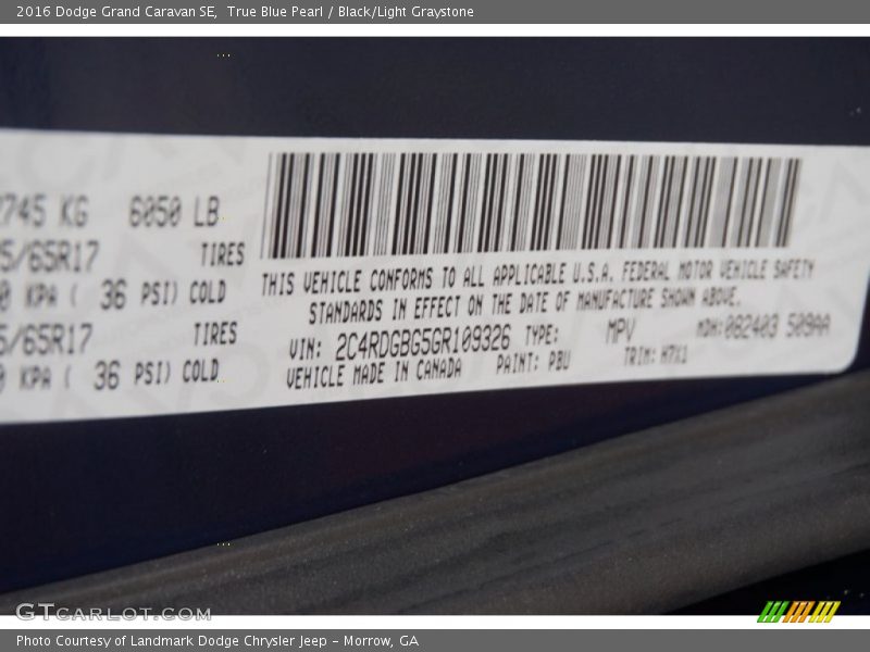 2016 Grand Caravan SE True Blue Pearl Color Code PBU