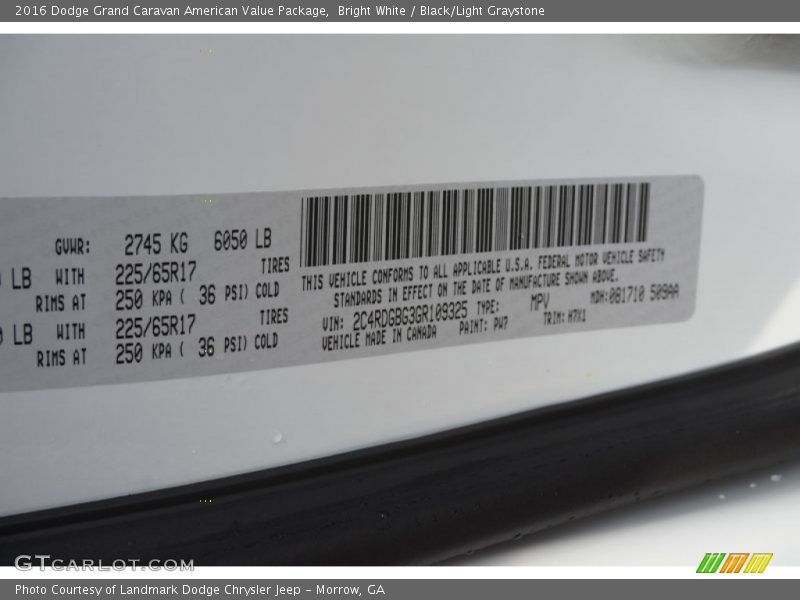 Bright White / Black/Light Graystone 2016 Dodge Grand Caravan American Value Package