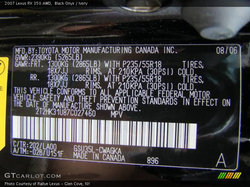 Black Onyx / Ivory 2007 Lexus RX 350 AWD