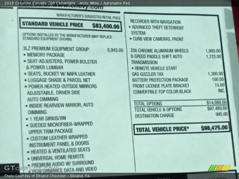  2016 Corvette Z06 Convertible Window Sticker