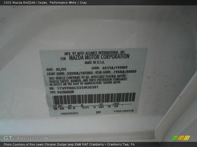 Performance White / Gray 2003 Mazda MAZDA6 i Sedan
