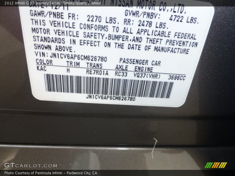 Smoky Quartz / Wheat 2012 Infiniti G 37 Journey Sedan