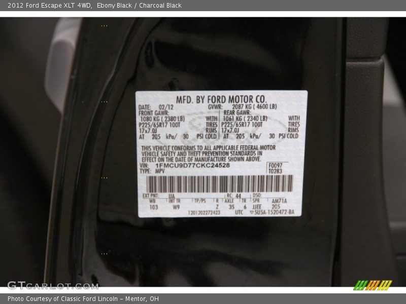 Ebony Black / Charcoal Black 2012 Ford Escape XLT 4WD