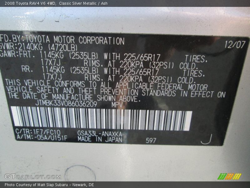 Classic Silver Metallic / Ash 2008 Toyota RAV4 V6 4WD