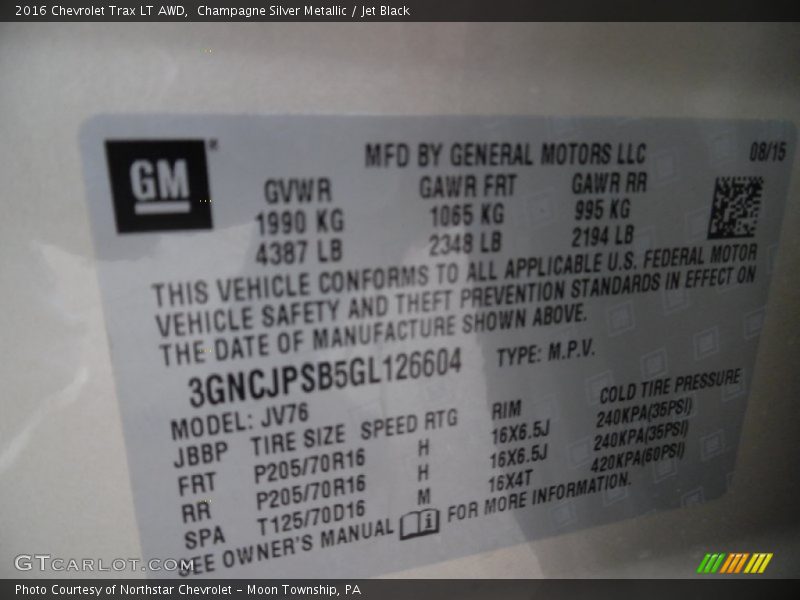 Champagne Silver Metallic / Jet Black 2016 Chevrolet Trax LT AWD