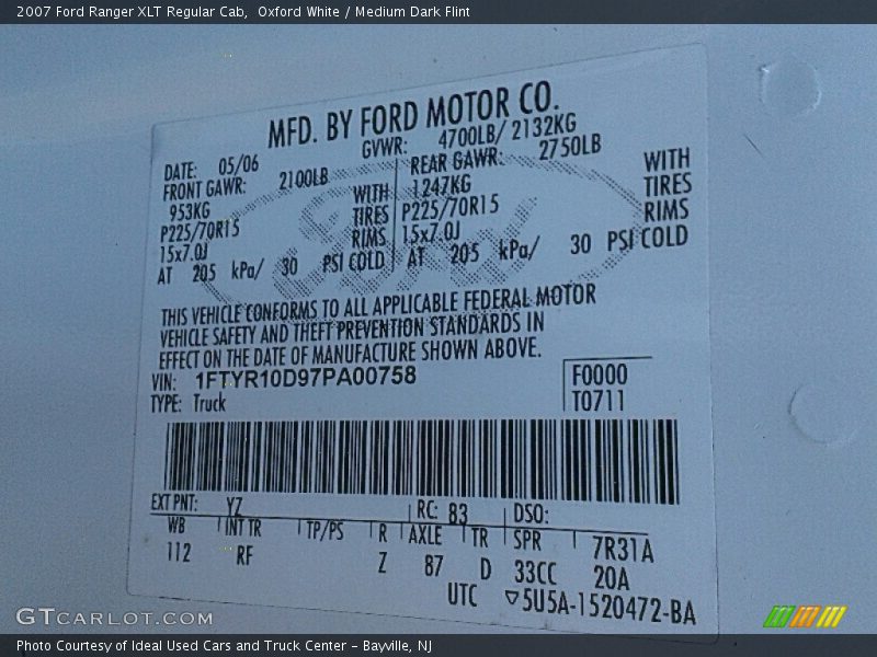 Oxford White / Medium Dark Flint 2007 Ford Ranger XLT Regular Cab