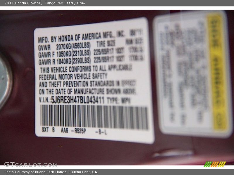 Tango Red Pearl / Gray 2011 Honda CR-V SE