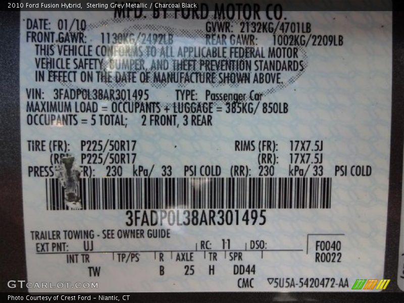 Sterling Grey Metallic / Charcoal Black 2010 Ford Fusion Hybrid