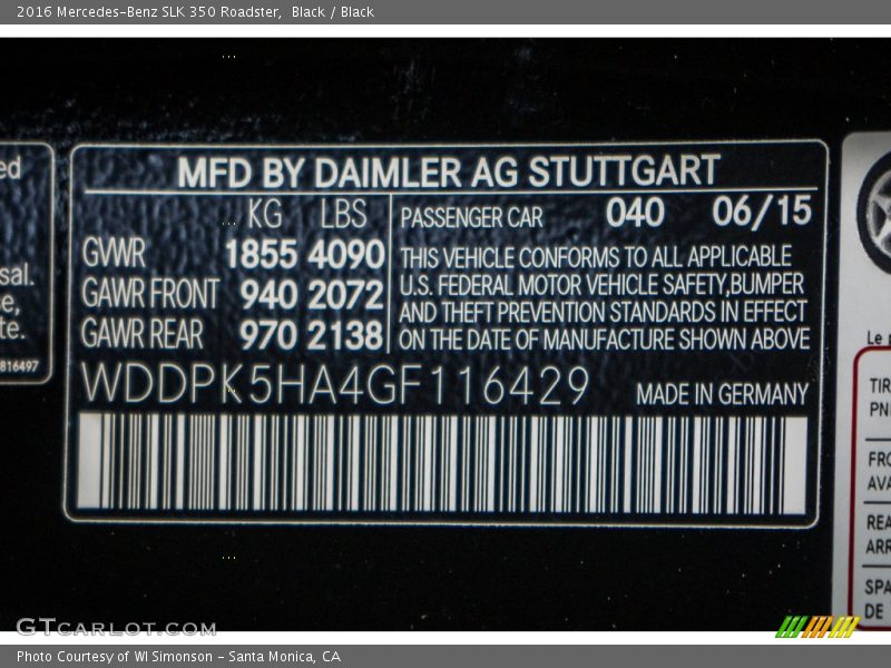 2016 SLK 350 Roadster Black Color Code 040