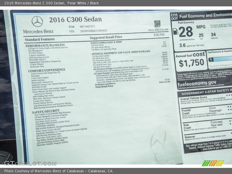  2016 C 300 Sedan Window Sticker