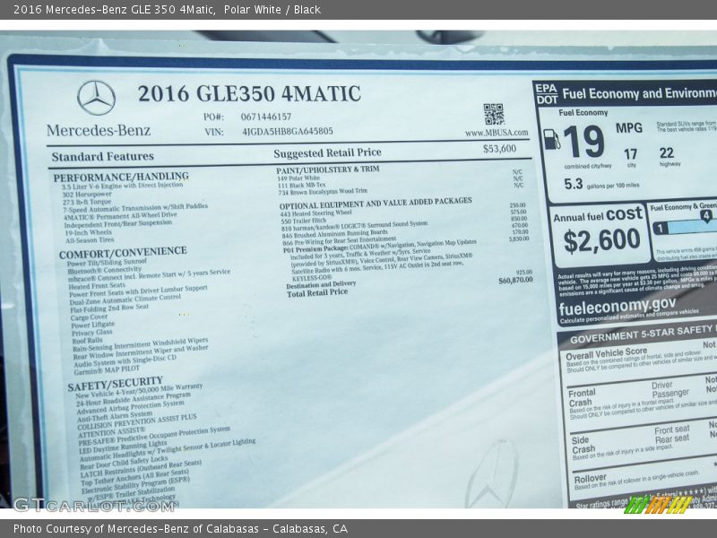  2016 GLE 350 4Matic Window Sticker